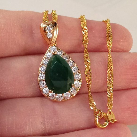 18K Yellow Gold Filled Jade Green Diamond Zircon Pendant Necklace Gorgeous Gift - Picture 4 of 4